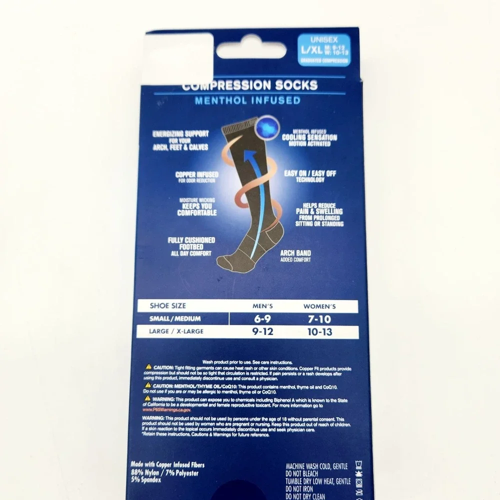 Copper Fit Ice Unisex Compression Socks – Black L/XL Menthol‎ Infused Support
